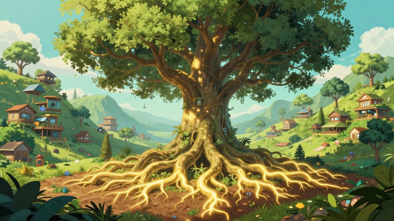 A great tree whose glowing roots spread through the soil, nourishing terraced workshops across a sunlit hillside